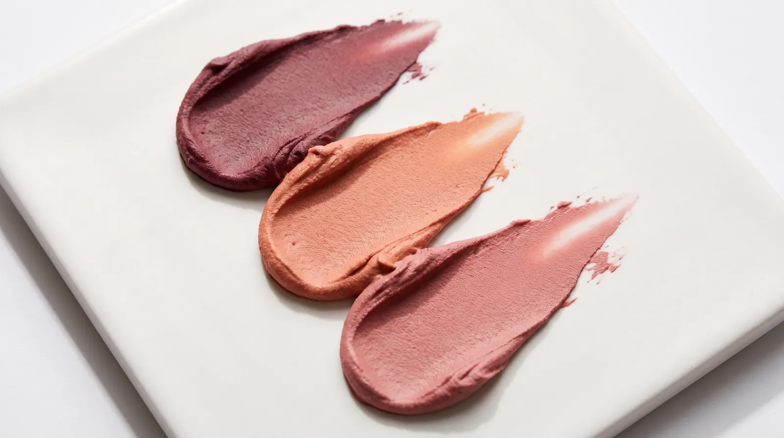 Texturas de maquiagem em mousse nos tons vinho, pêssego e rosa sobre superfície branca